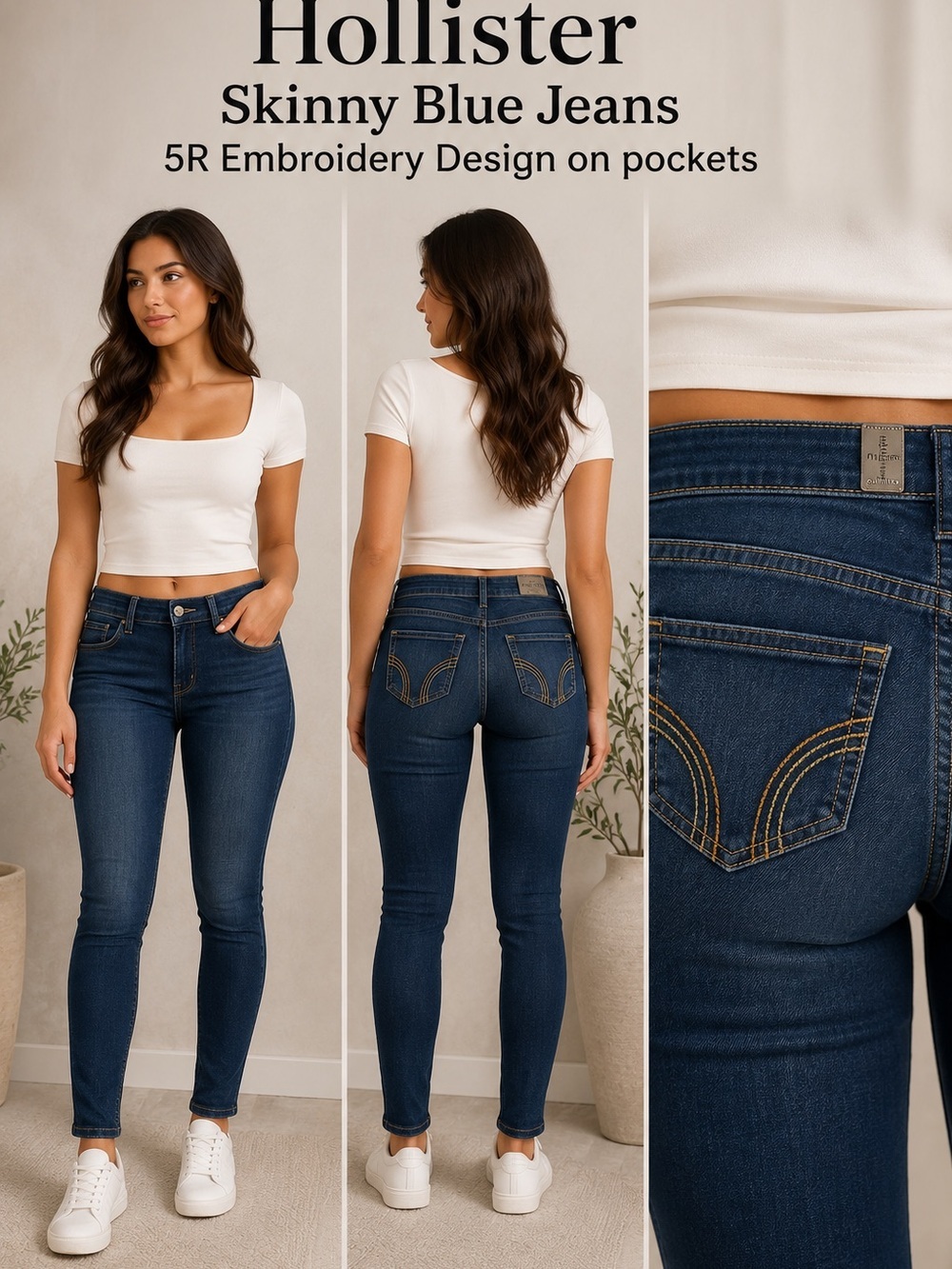 Hollister Skinny Blue Jeans 5R Embroidery Design on pockets